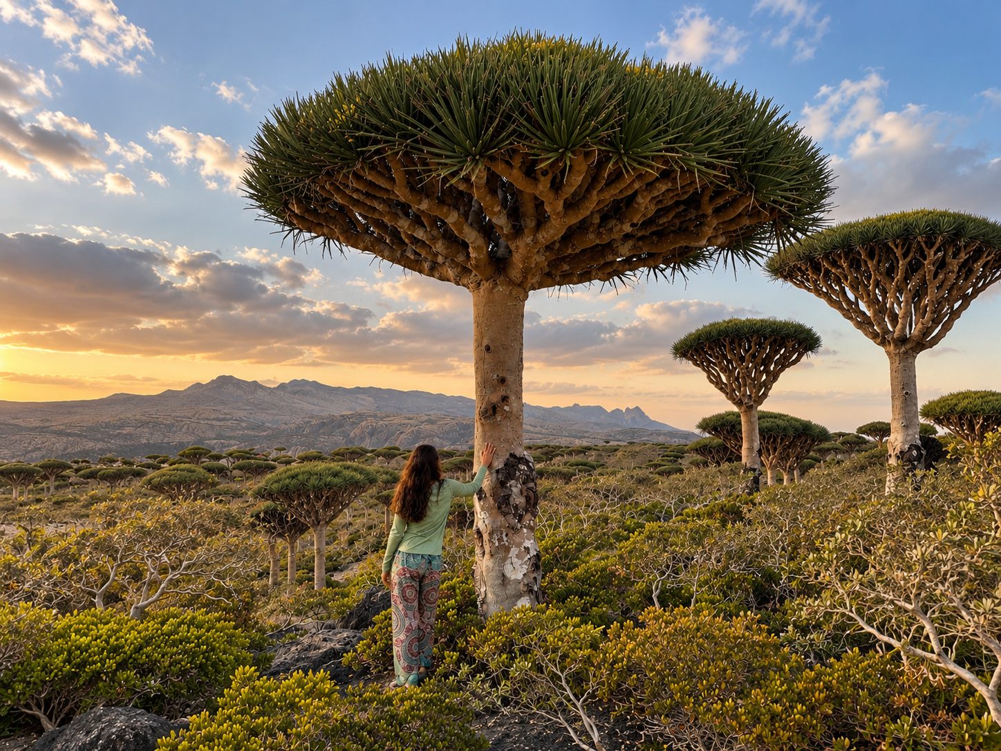 A woman beside a dragon’s blood tree at sunset on Socotra