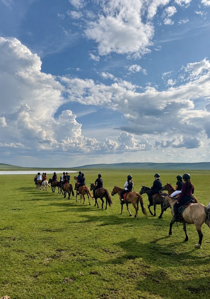 Women riding horses in a line across a green steppe